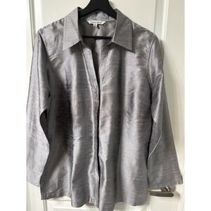 TravelSmith Womens Sz L Iridescent Gray 100% Raw Silk Blouse Jacket Button Down